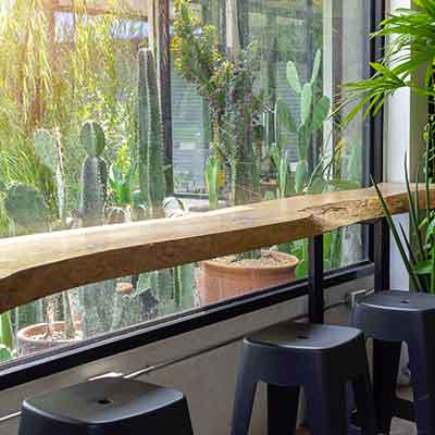 Table de bar en bois et chaises noires dans un café - cactus derrière fenêtre